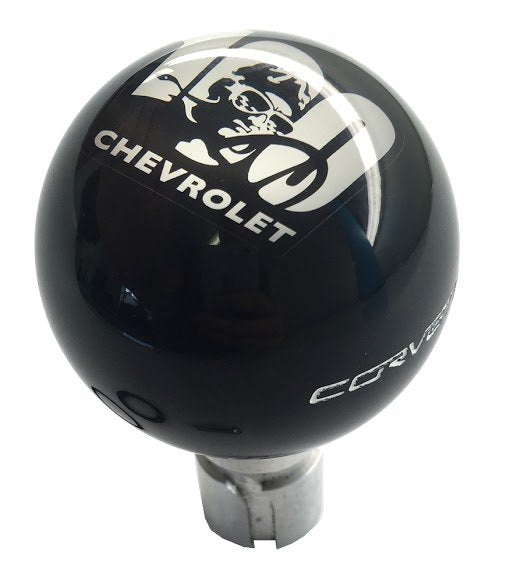 Black-Shift-Knob-W/100th-Logo-&-White-Side-Corvette-Script-204479-Corvette-Store-Online