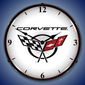 C5 Corvette Logo Lighted Made in USA Clock - White - [Corvette Store Online]