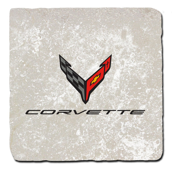 Next Generation Corvette C8 Crossed Flags Light Stone Coaster Bundle - Set of 4