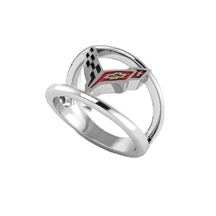 Ladies C8 Corvette Enamel Logo Ring - Sterling Silver