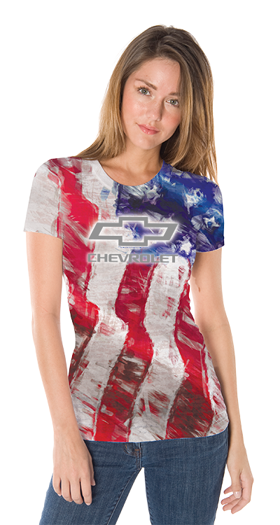Ladies Chevrolet Bowtie Distressed American Flag T Shirt