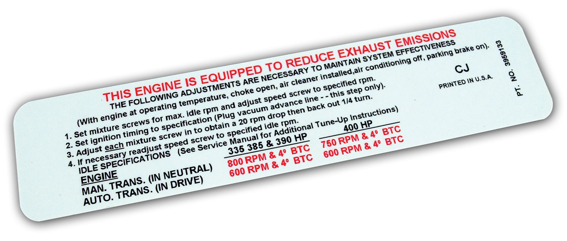 1969-1969 Corvette Label. Emission 390,400 Horsepower - CA-0237-Corvette-Store-Online