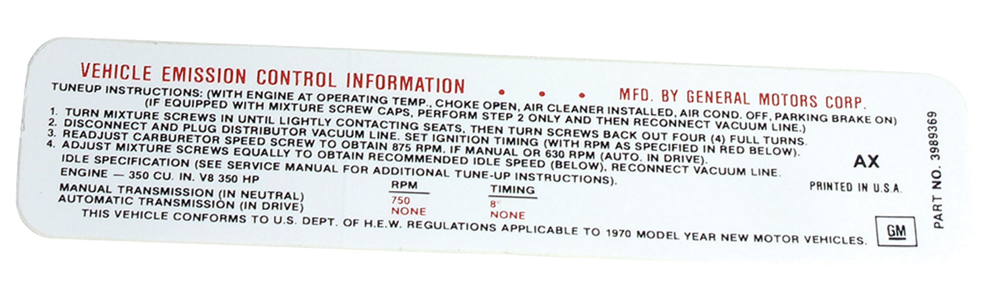 1970-1970 Corvette Label. Emission 350 Horsepower - CA-0251-Corvette-Store-Online