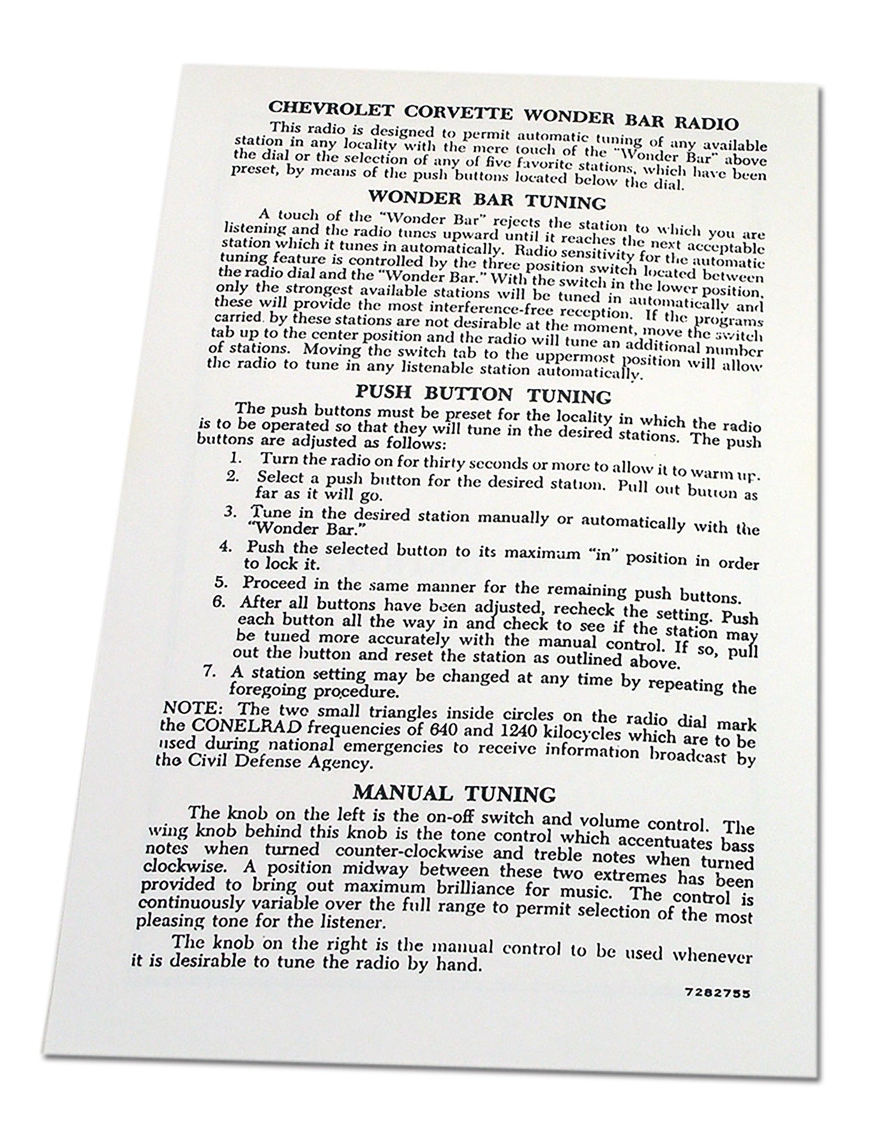 1958-1963 Corvette Card. Wonderbar Radio Instructions - CA-0375-Corvette-Store-Online
