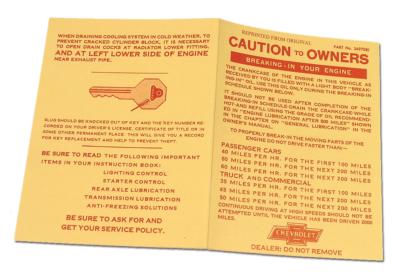1956-1960 Corvette Card. Engine Break-In - CA-0652-Corvette-Store-Online