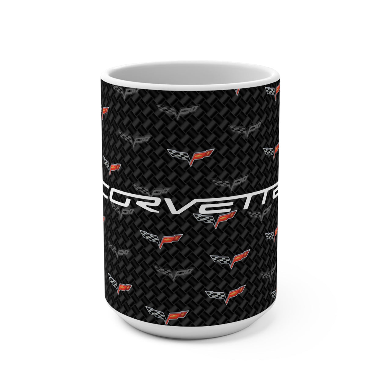 Corvette C6 15oz Ceramic Mug – Corvette Script & C6 Logos on Carbon Background