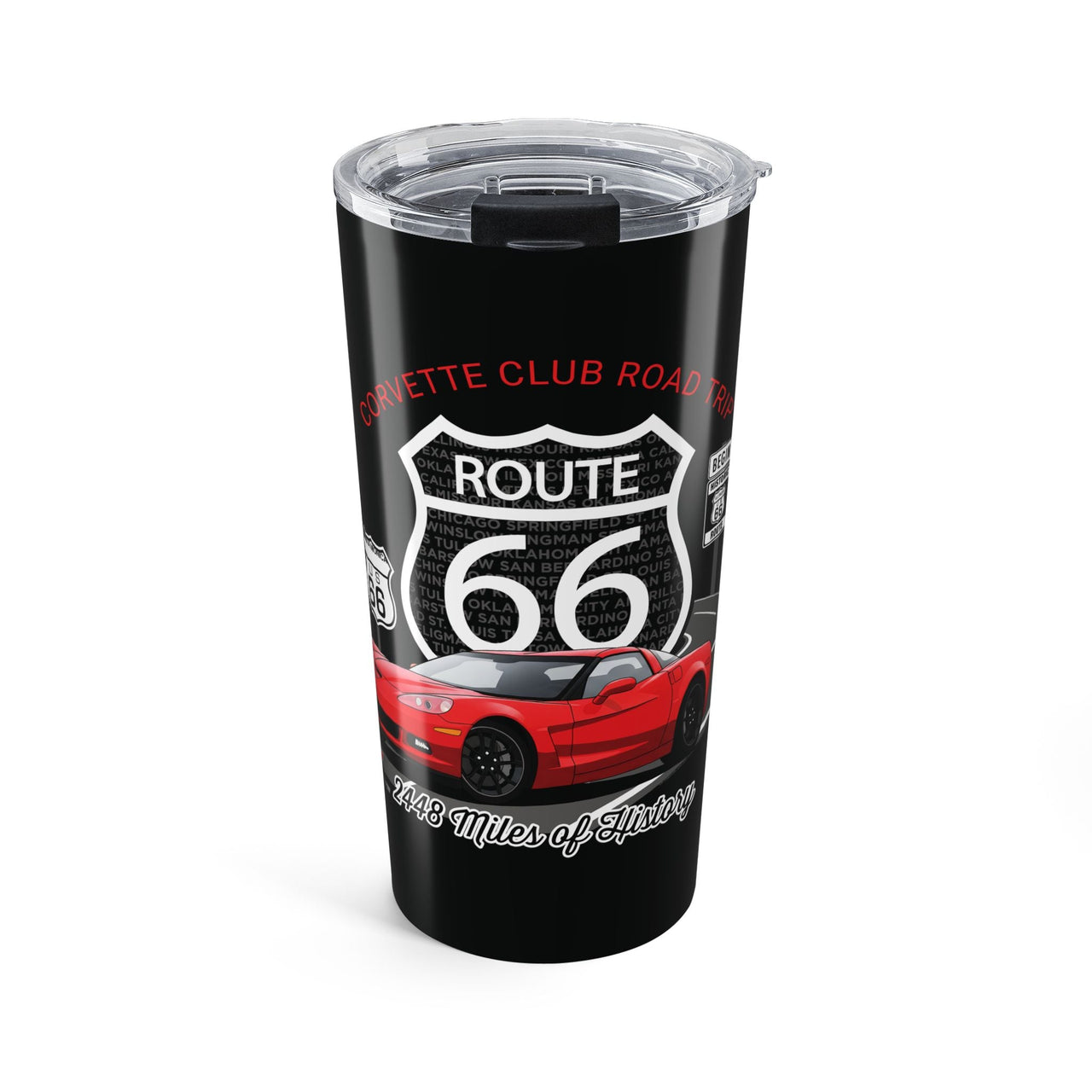 C6 Corvette Club Road Trip Route 66 20oz Black Travel Tumbler – 2,448 Miles of History