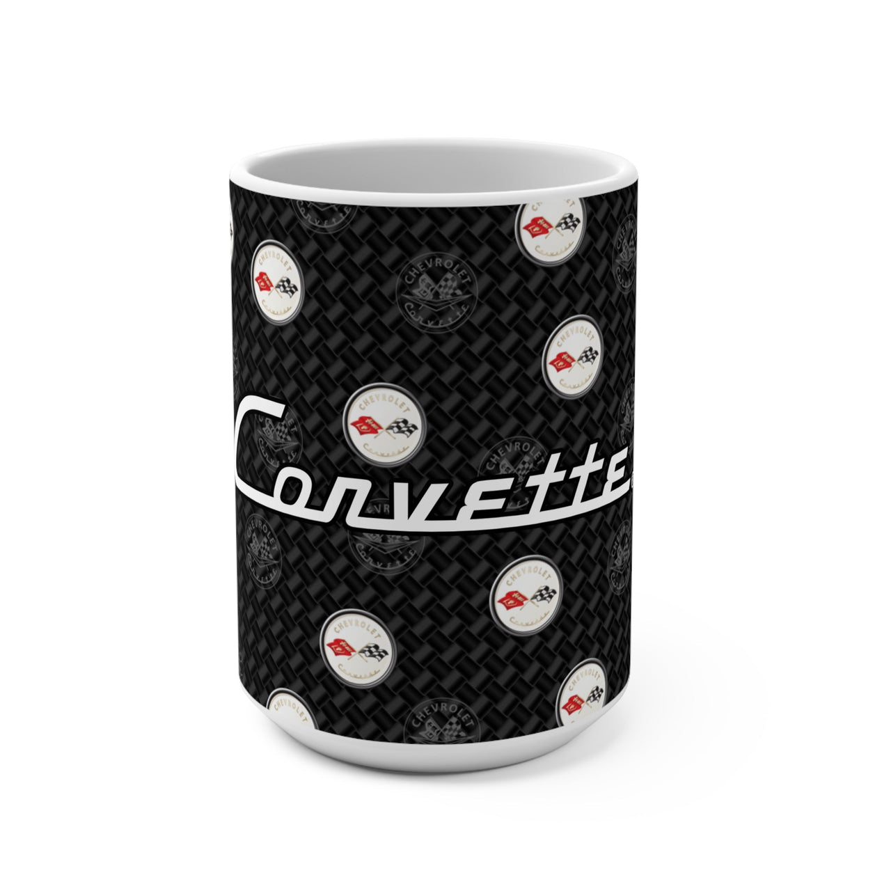 Corvette C1 15oz Ceramic Mug – Corvette Script & C1 Logos on Carbon Background