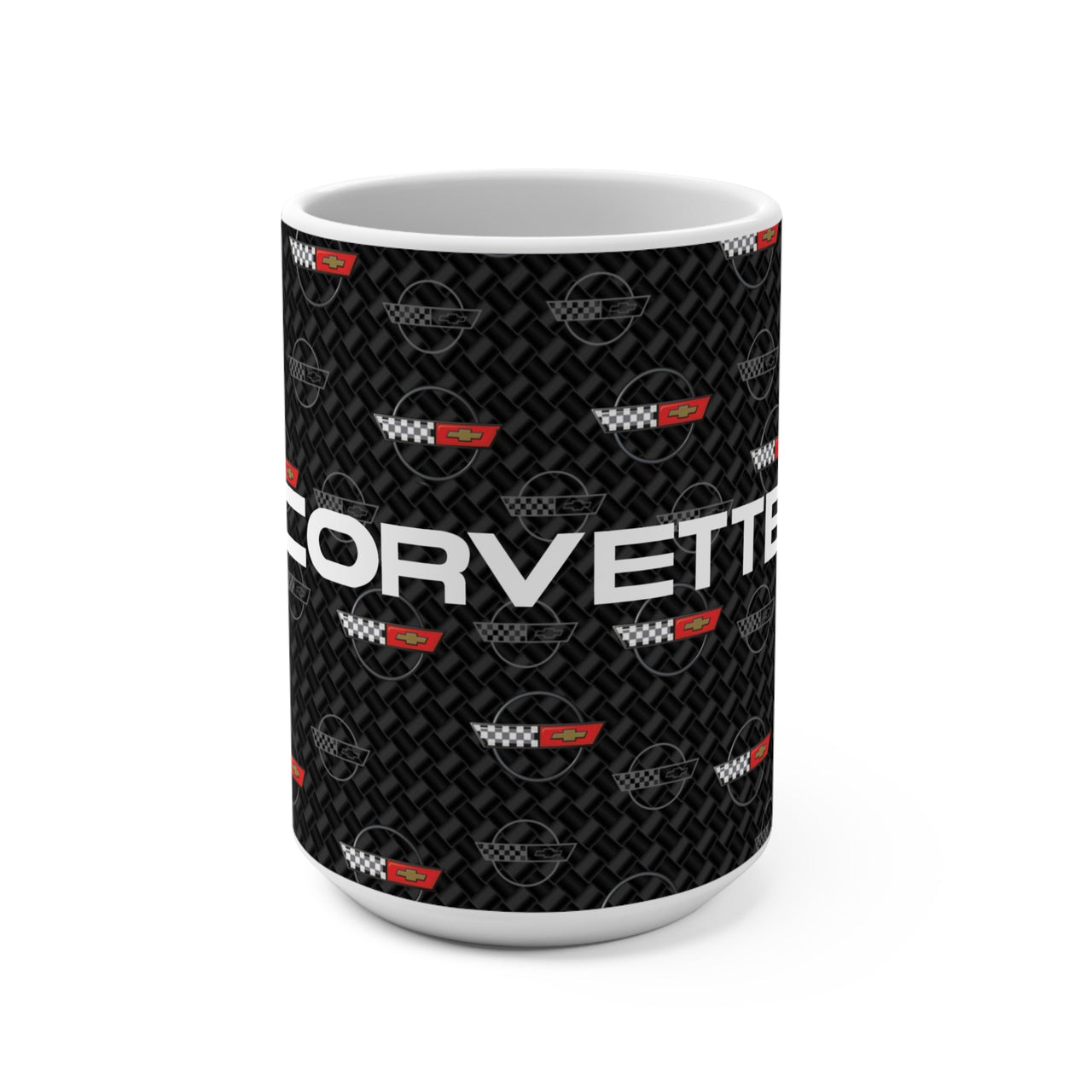 Corvette C4 15oz Ceramic Mug – Corvette Script & C4 Logos on Carbon Background