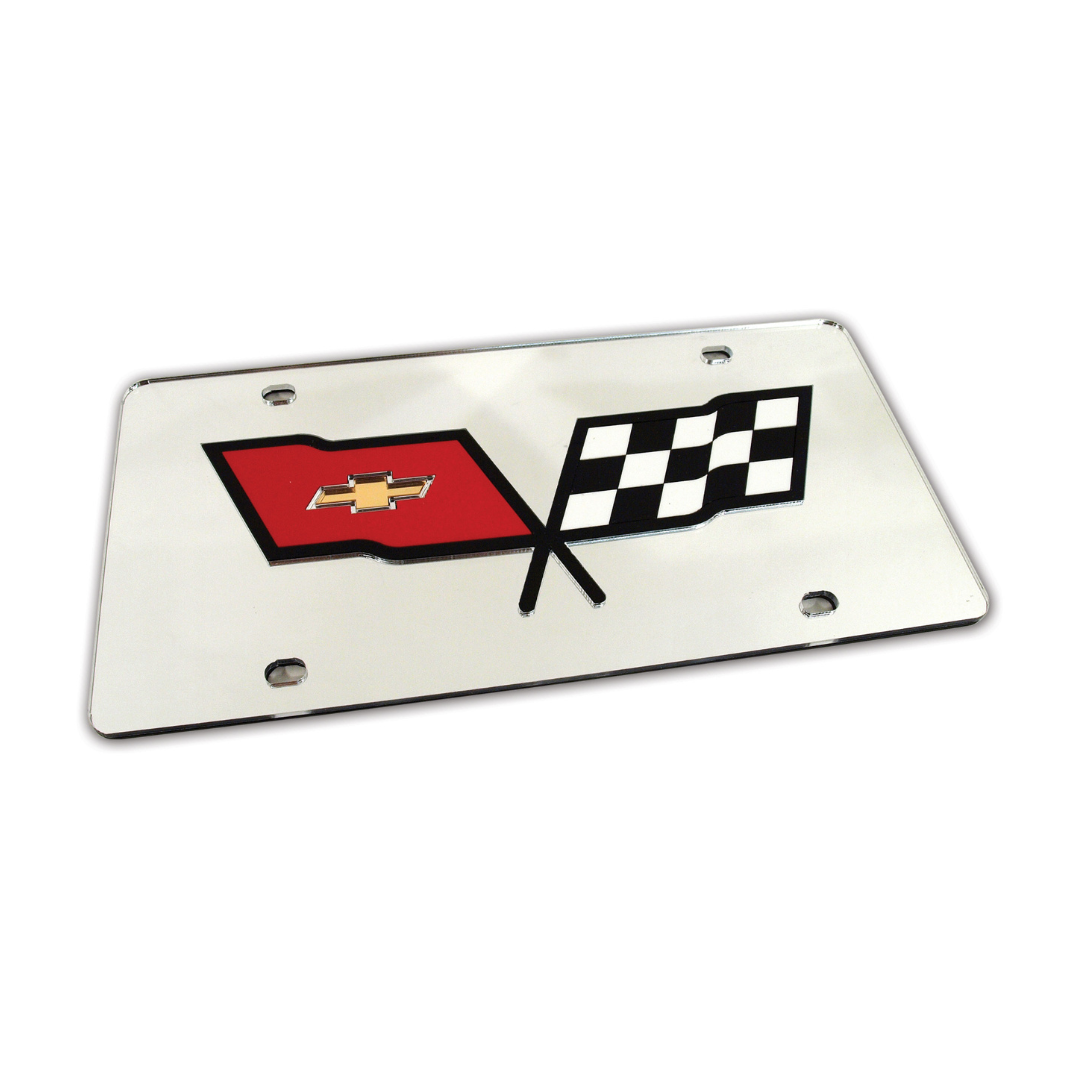 1953-1982 Corvette Front License Plate Mirrored W/Black Cross Flags Logo - CA