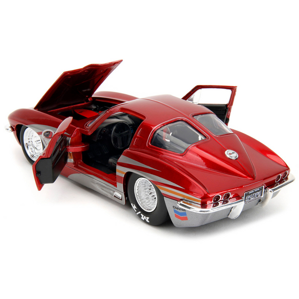1963-chevrolet-corvette-stingray-red-metallic-1-24-diecast-model-car-by-jada