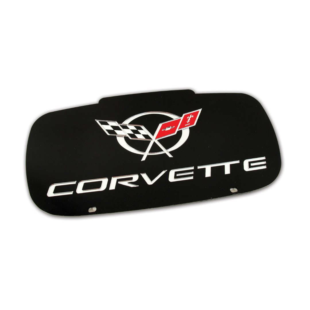 1997-2004 Corvette Front License Plate - Black With Mirrored C5 Logo and Script