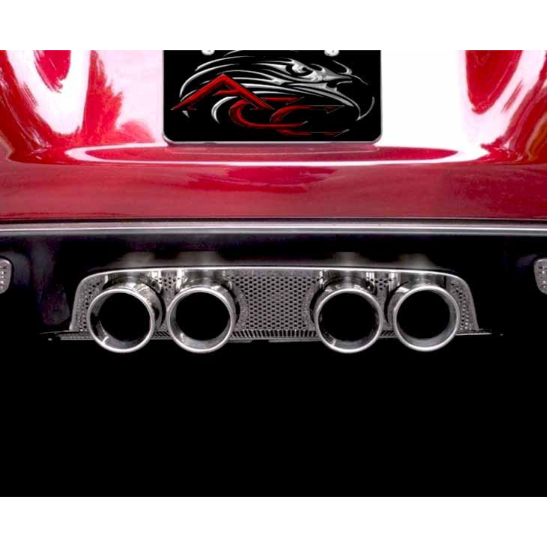C6 Corvette Exhaust Filler Panel Perforated Polished Stainless Steel - B&B Route 66 Quad 4.0 Round Tips