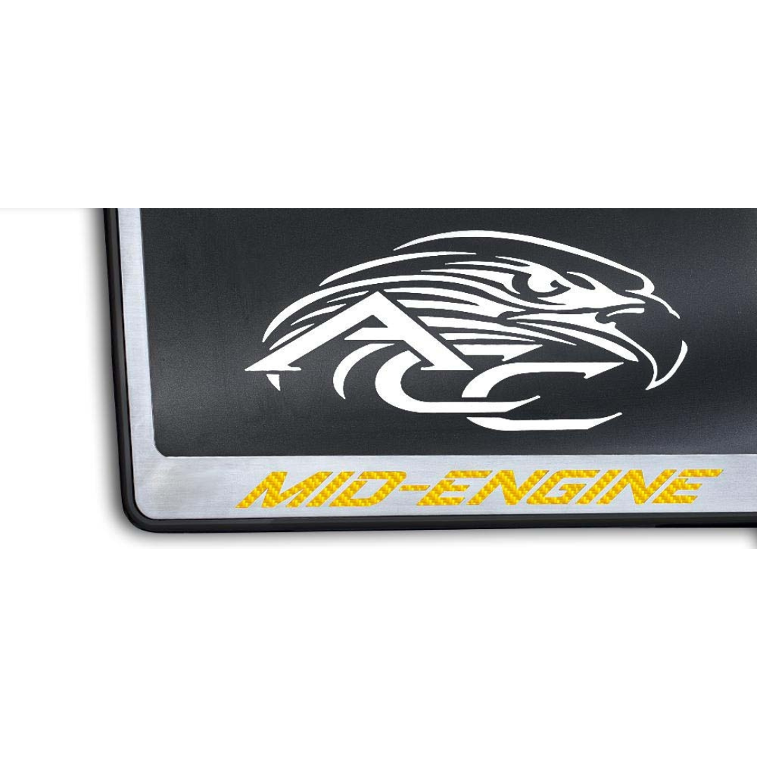C8 Corvette MID-ENGINE License Plate Frame Black Base - Brushed Stainless Steel