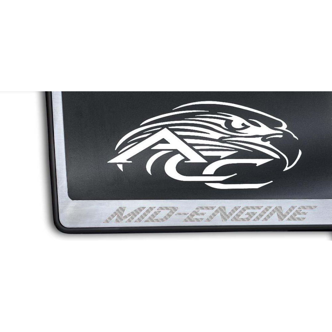 C8 Corvette MID-ENGINE License Plate Frame Black Base - Brushed Stainless Steel