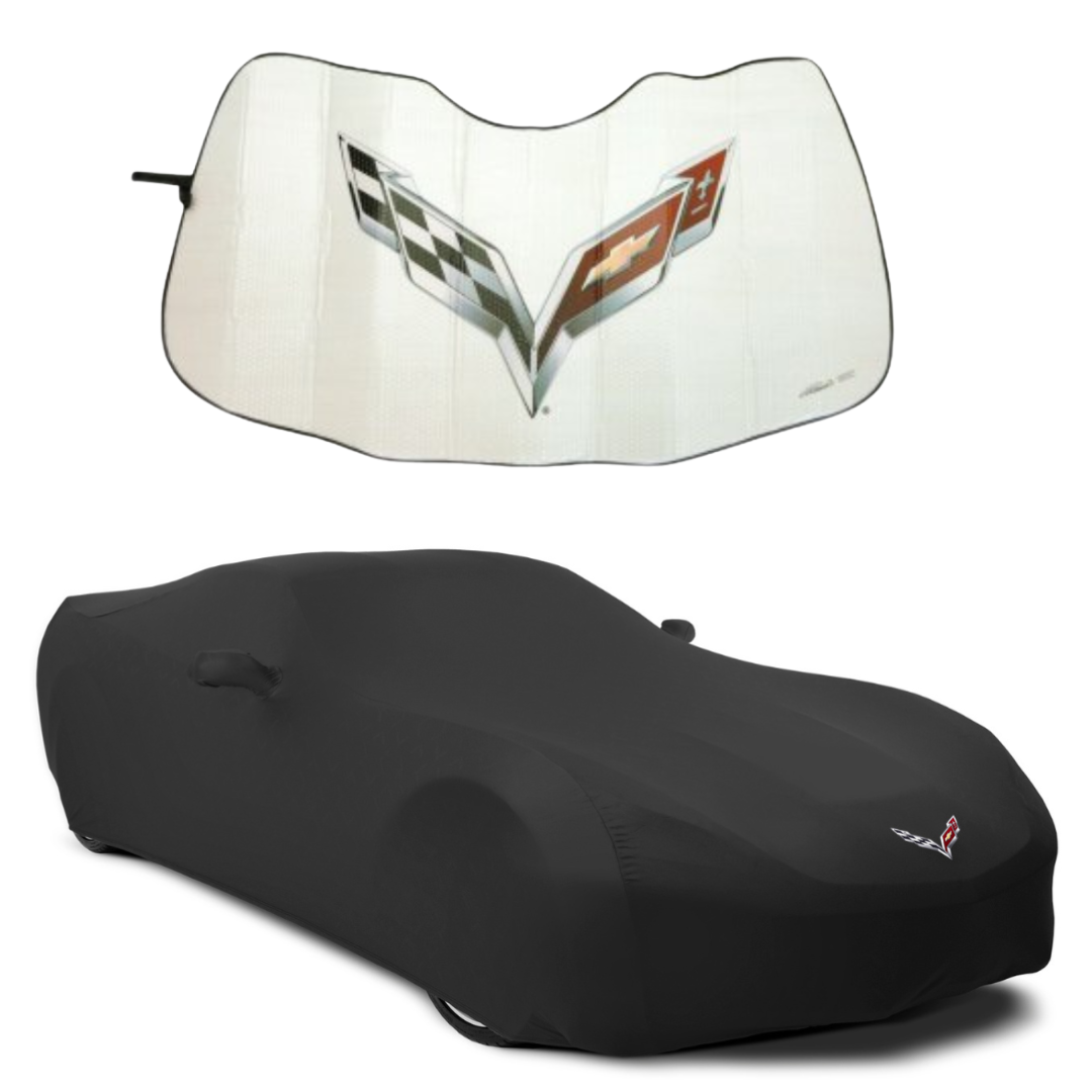 2014-2019 C7 Corvette Logo Holda Stretch Indoor Car Cover w/ Folding Graphic Sunshield