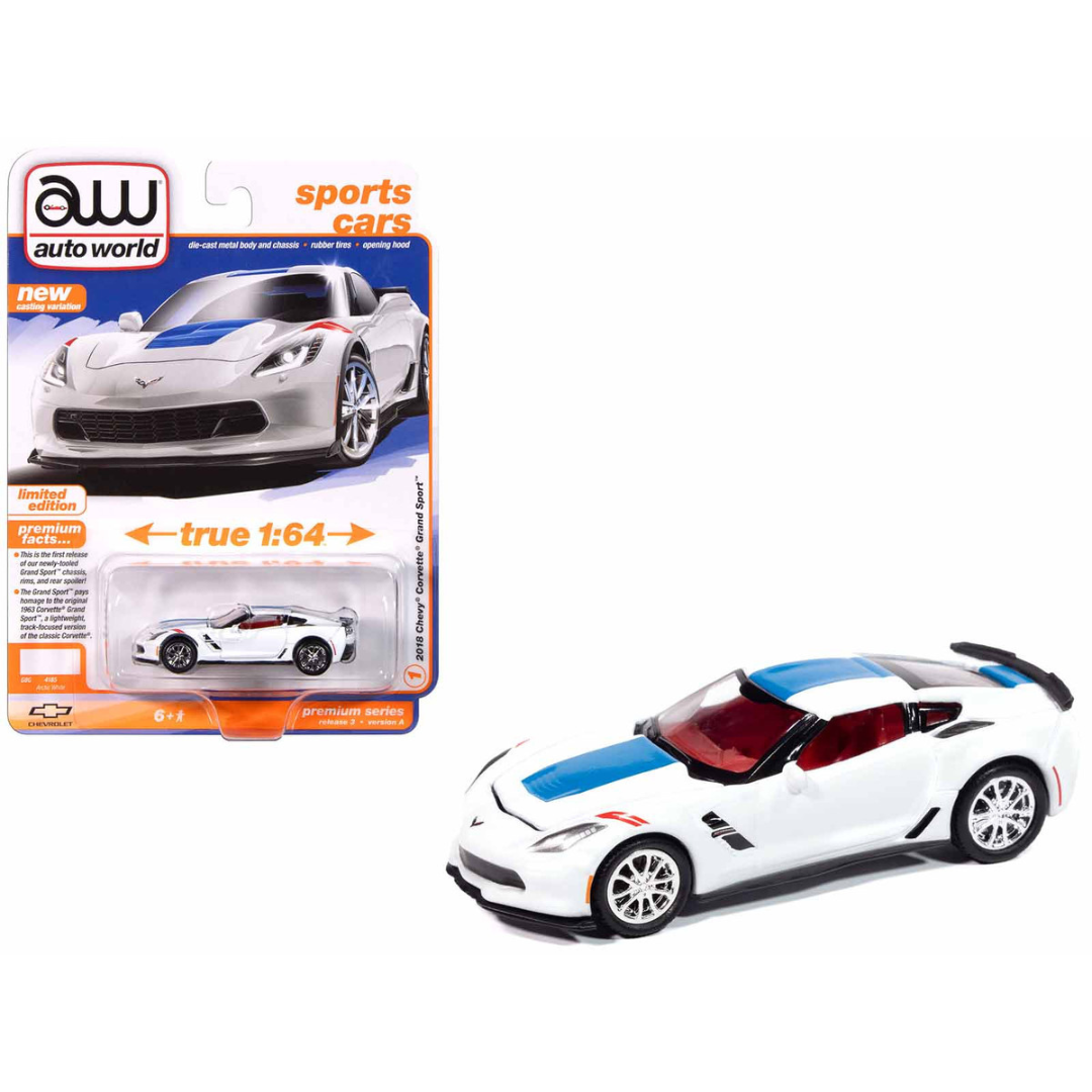 2018 Chevrolet Corvette Grand Sport Arctic White with Blue Stripe and Red Interior "Sports Cars" Series 1/64 Diecast Model Car