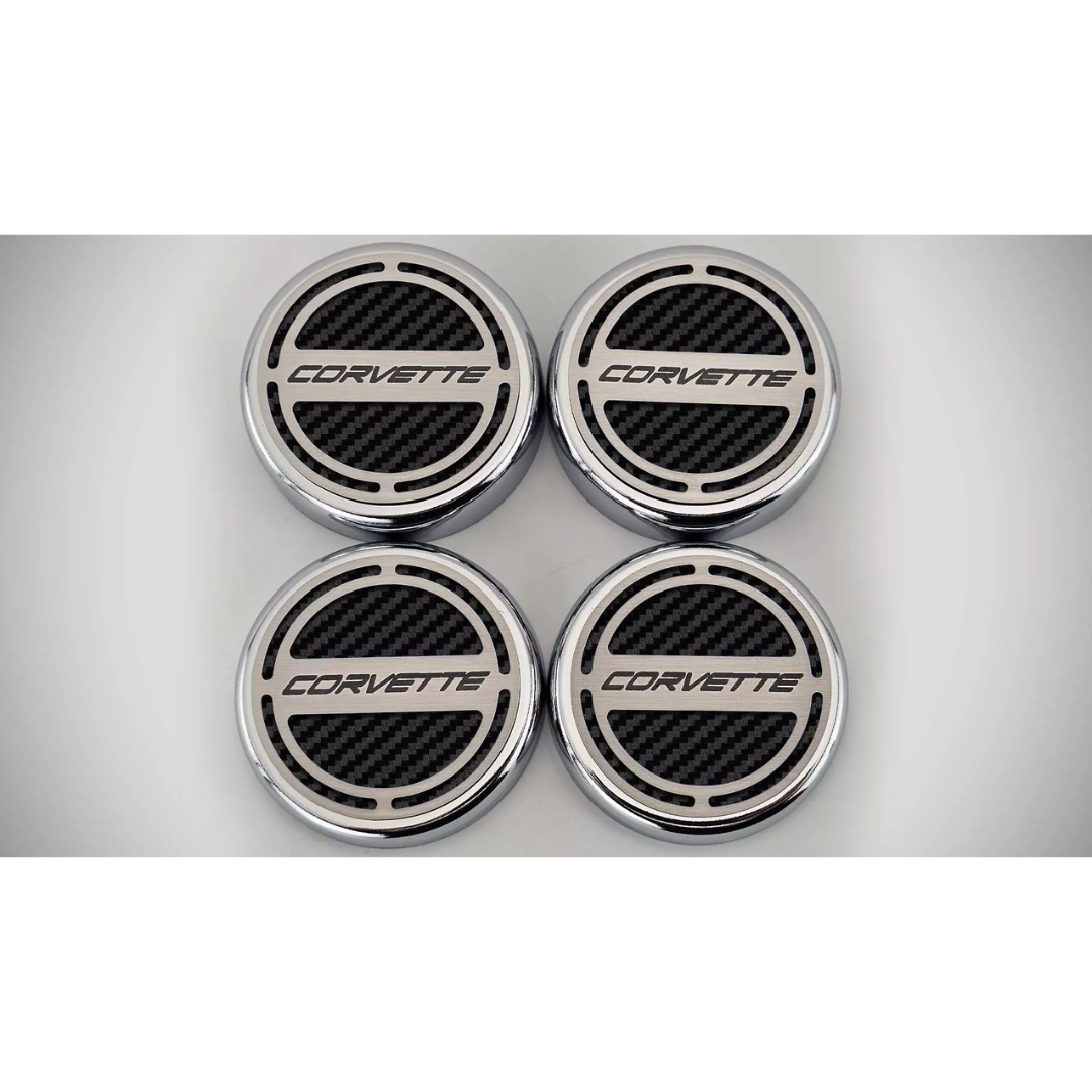 2020-2024 C8 Corvette Coupe - Cap Cover Set 4pc Carbon Fiber Inserts with Stainless Corvette Logo | Choose Color