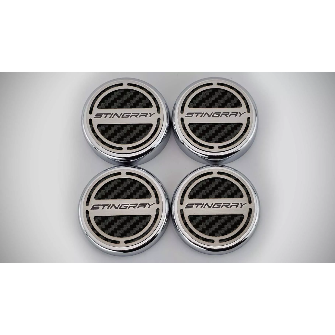 2020-2024 C8 Corvette Coupe - Cap Cover Set 4pc Carbon Fiber Inserts with Stainless Stingray Logo | Choose Color