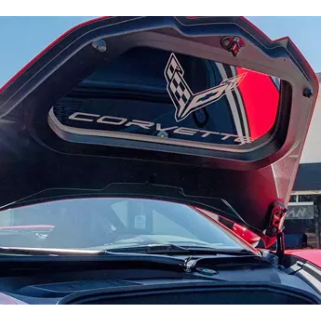 C8 CORVETTE - ETCHED LOGO FRUNK PANEL WITH BRUSHED TRIM RING | POLISHED FINISH