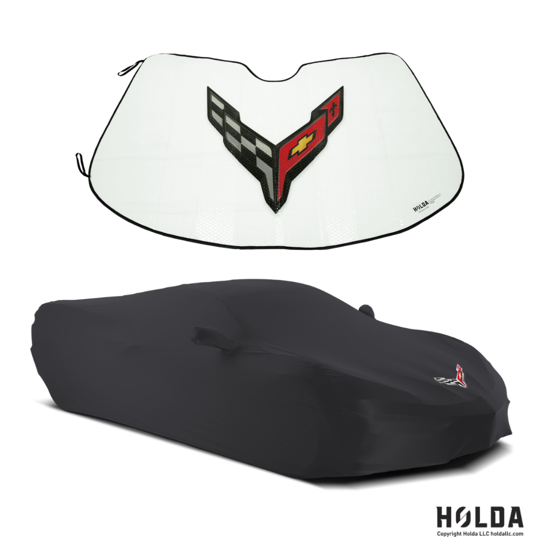 2020-2027 C8 Corvette Logo Superstretch Indoor Car Cover with Folding Graphic Logo Sunshield Sunshade
