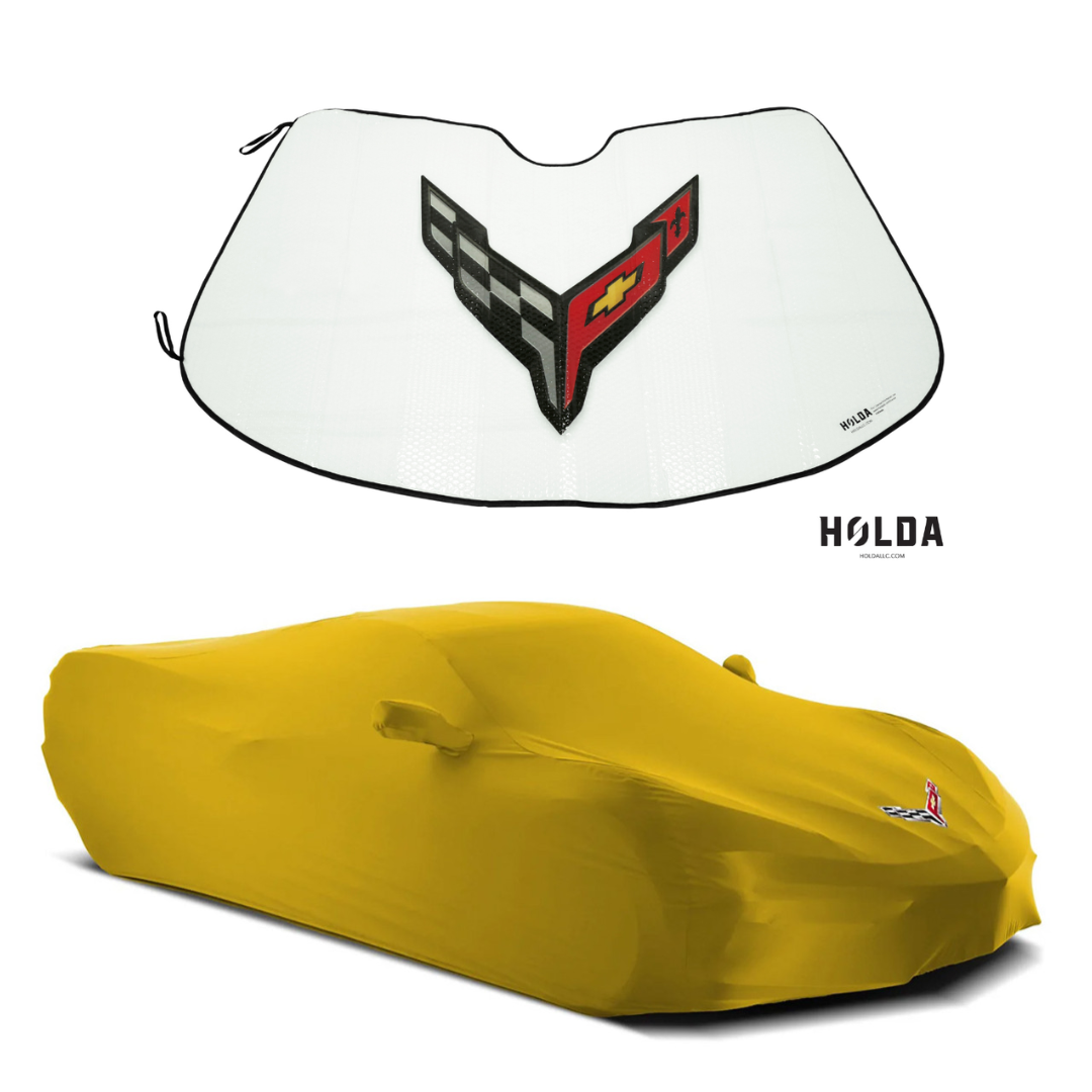 2020-2027 C8 Corvette Logo Superstretch Indoor Car Cover w/Folding Graphic Logo Sunshield Sunshade - Bundle