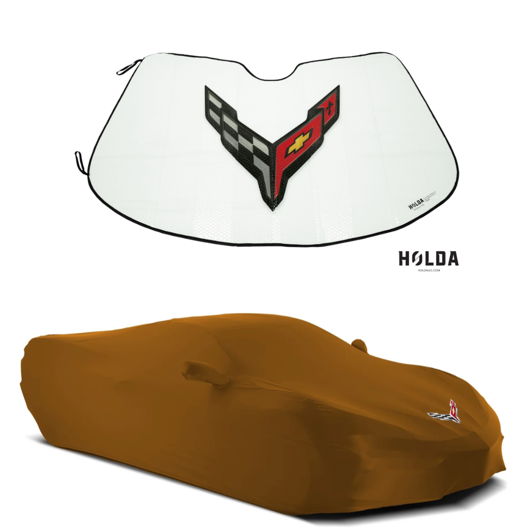 2020-2027 C8 Corvette Logo Superstretch Indoor Car Cover with Folding Graphic Logo Sunshield Sunshade