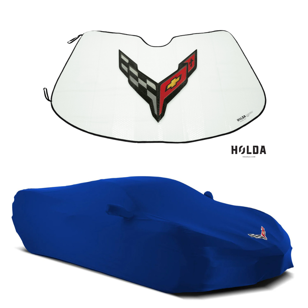 2020-2027 C8 Corvette Logo Superstretch Indoor Car Cover w/Folding Graphic Logo Sunshield Sunshade - Bundle