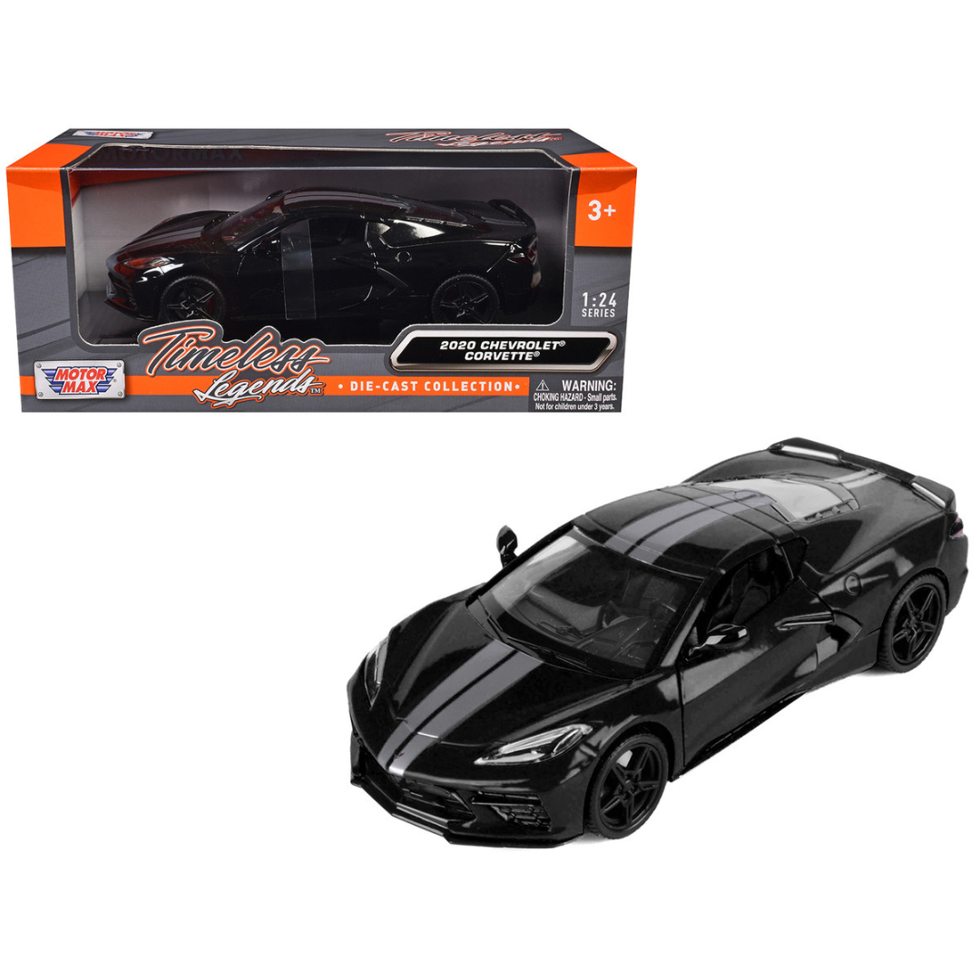 2020 Chevrolet Corvette C8 Stingray Black with Silver Stripes "Timeless Legends" Series 1/24 Diecast Model Car
