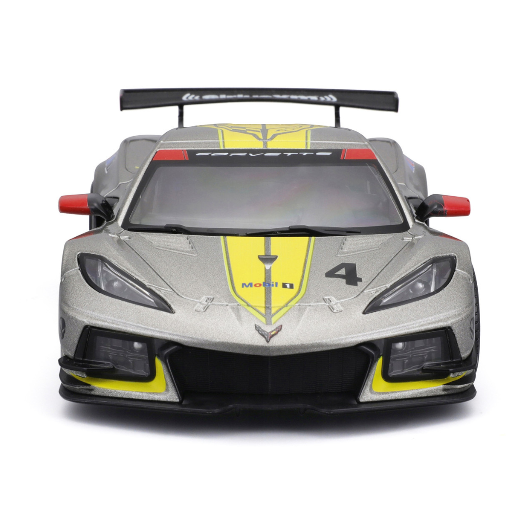 2020-chevrolet-corvette-c8-r-4-silver-metallic-with-yellow-stripes-race-series-1-24-diecast-model-car-by-bburago