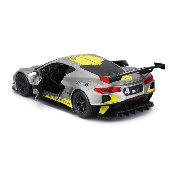 2020-chevrolet-corvette-c8-r-4-silver-metallic-with-yellow-stripes-race-series-1-24-diecast-model-car-by-bburago