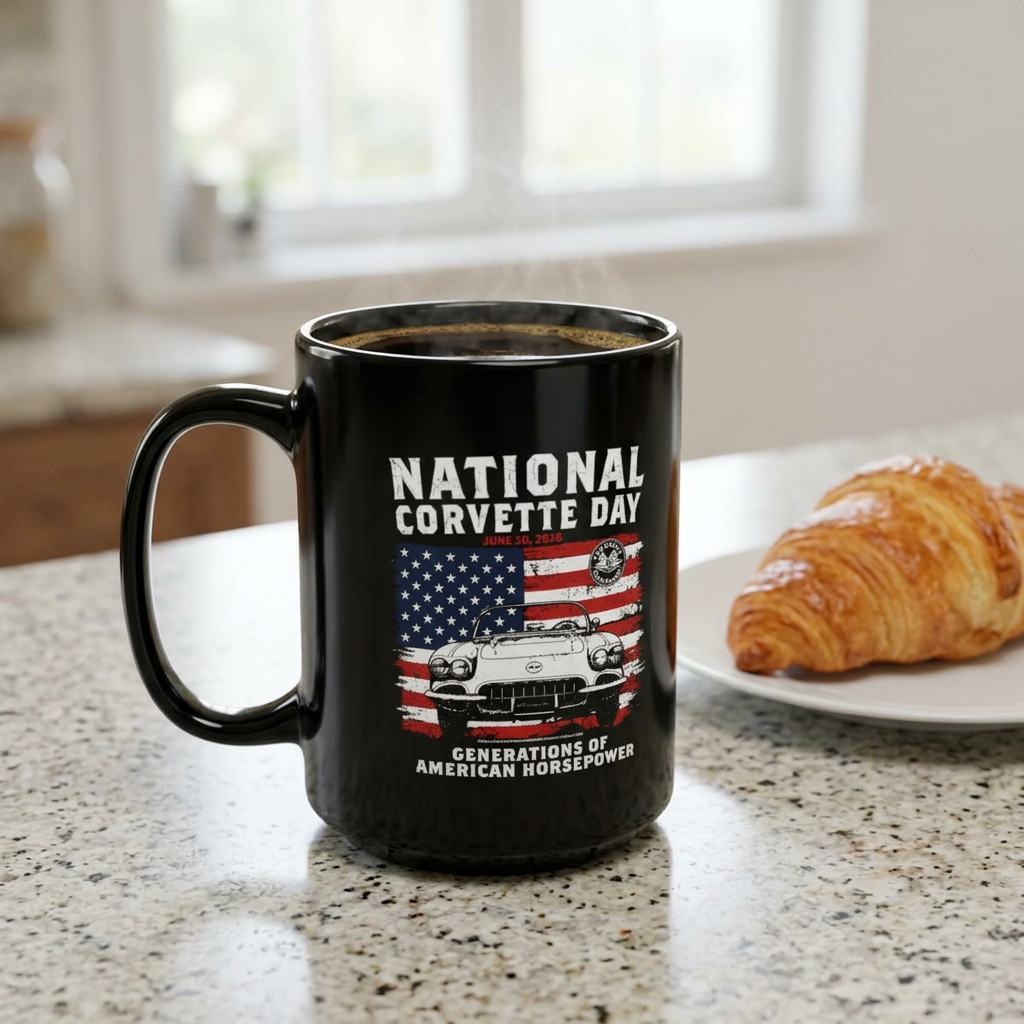 Limited Release 2026 National Corvette Day Mug – 15oz Coffee Mug (Red, White, Black) – Collector Car Enthusiast Gift, Automotive Collector's Drinkware, Car Lover's Present