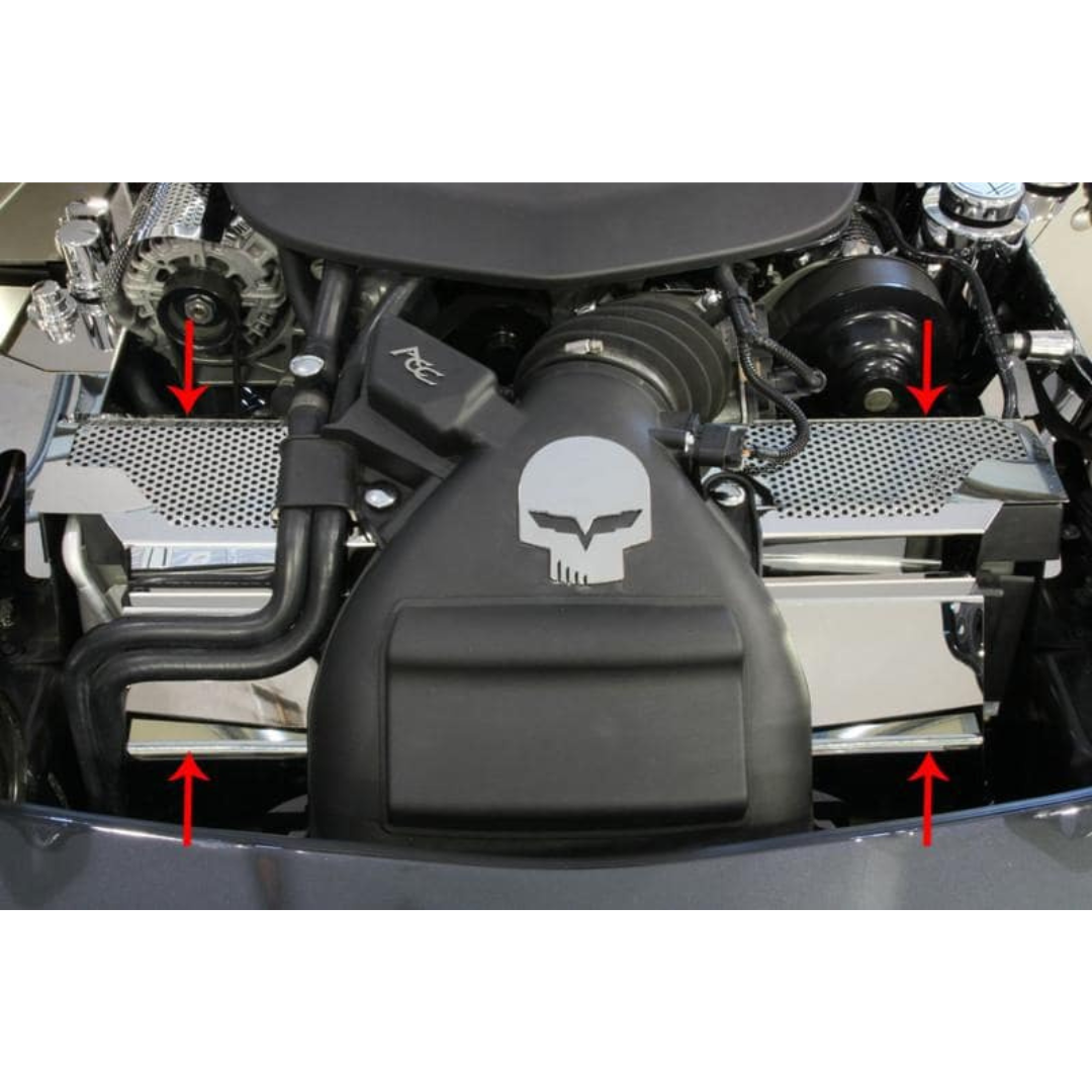 C6 Corvette ZR1 Radiator Cover - 2Pc Polished Perforated Stainless Steel (2009-2012)