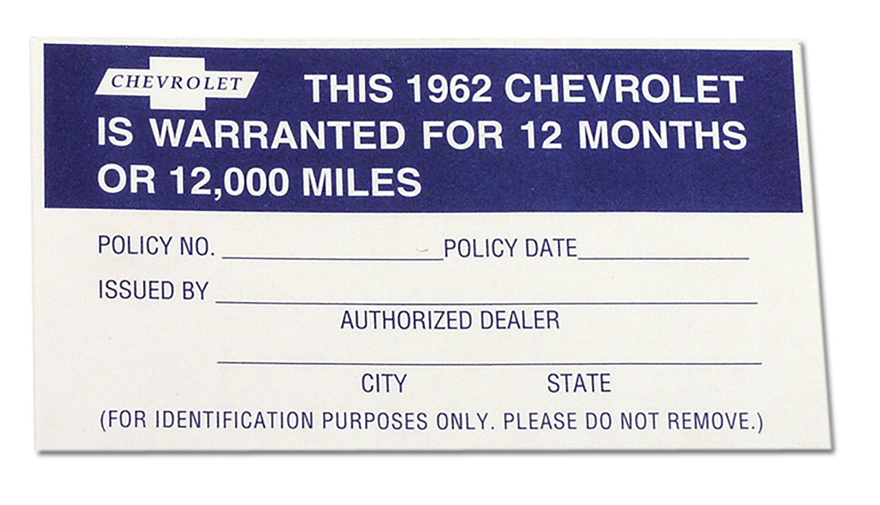 1962-1962 Corvette Decal Warranty 12 Month /12000 Mile-35384-Corvette-Store-Online