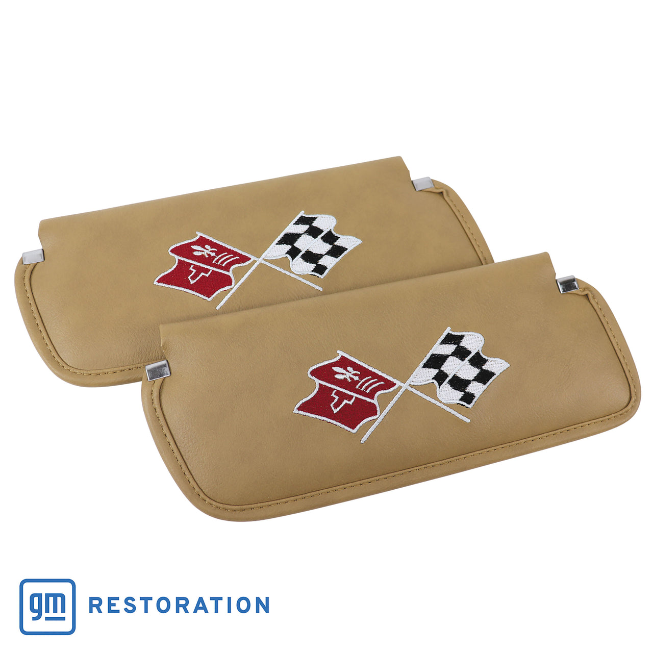 1974-1975 Corvette Sunvisors Medium Saddle Madrid Embroidered W/Logo-408551-Corvette-Store-Online