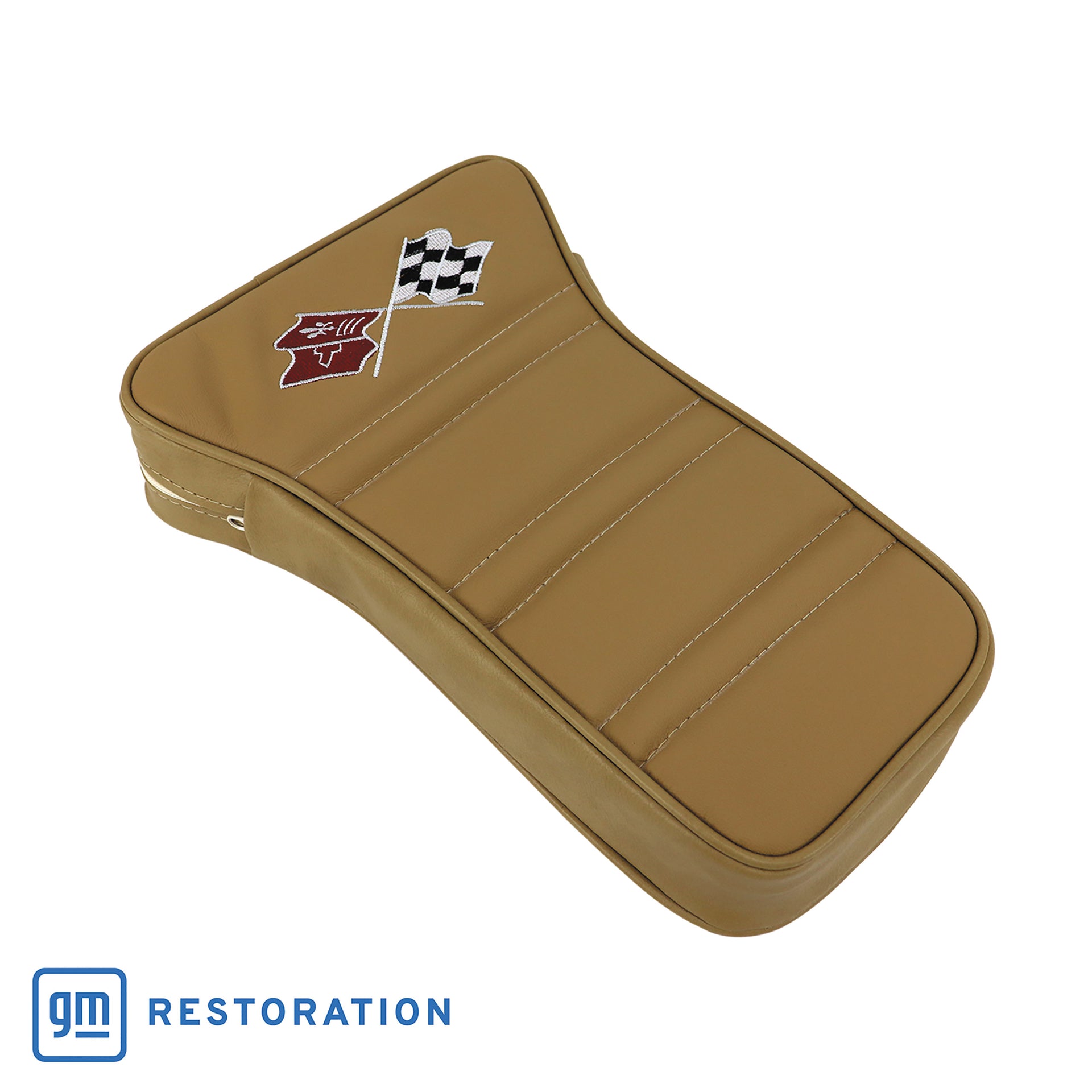1970-1972 Corvette Center Armrest With Embroidered C3 Cross Flags - Light Saddle-414915E-Corvette-Store-Online