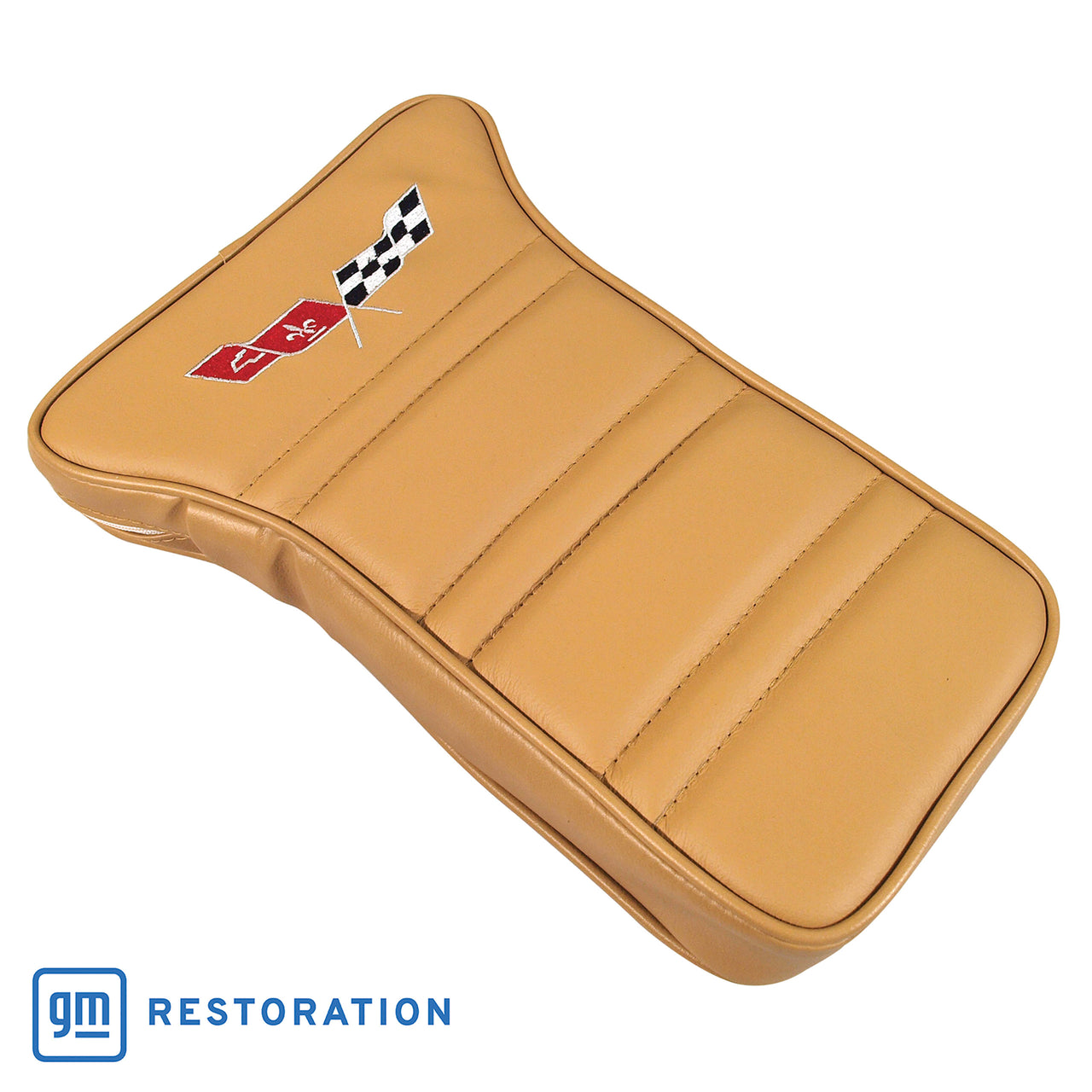1976-1977 Corvette Center Armrest With Embroidered C3 Cross Flags - Buckskin-414957E-Corvette-Store-Online
