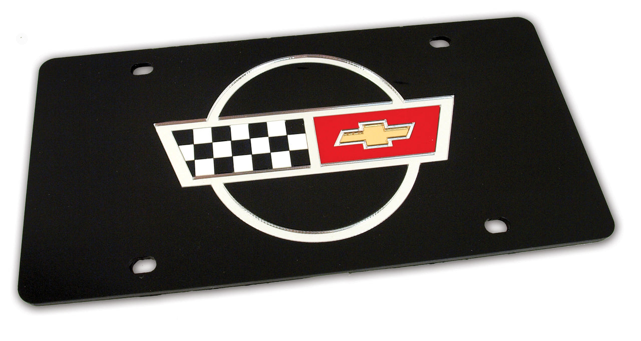 1984-1996 Corvette Front License Plate Black Background W/Mirrored C4 Logo-42525-Corvette-Store-Online