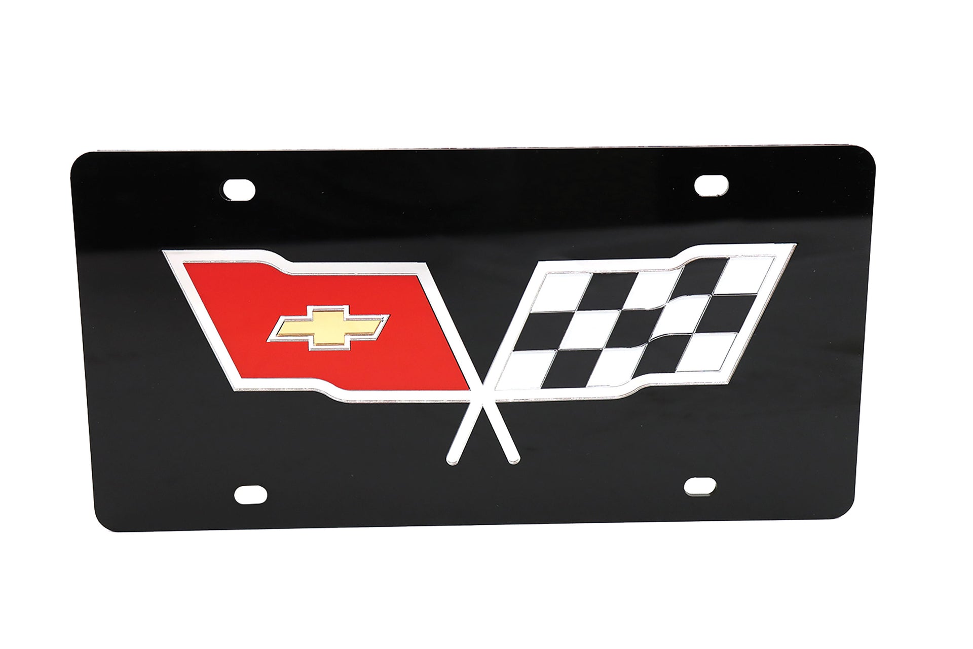 1953-1982 Corvette Front License Plate Black W/Mirrored Cross Flags Logo-42527-Corvette-Store-Online