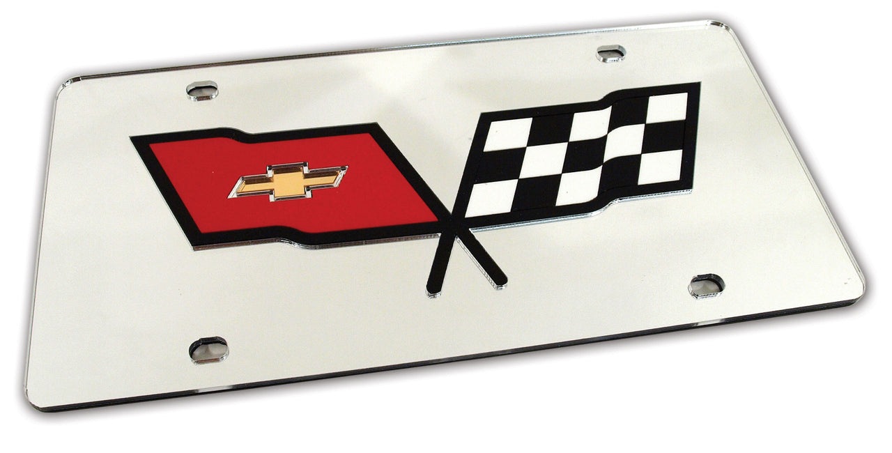1953-1982 Corvette Front License Plate Mirrored W/Black Cross Flags Logo-43774-Corvette-Store-Online