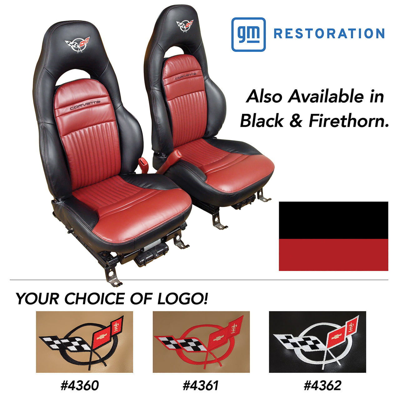 1997-2004 Corvette 100% Leather Standard Seat Covers W/Crossflag Logo - Black & Firethorn-43860E-Corvette-Store-Online