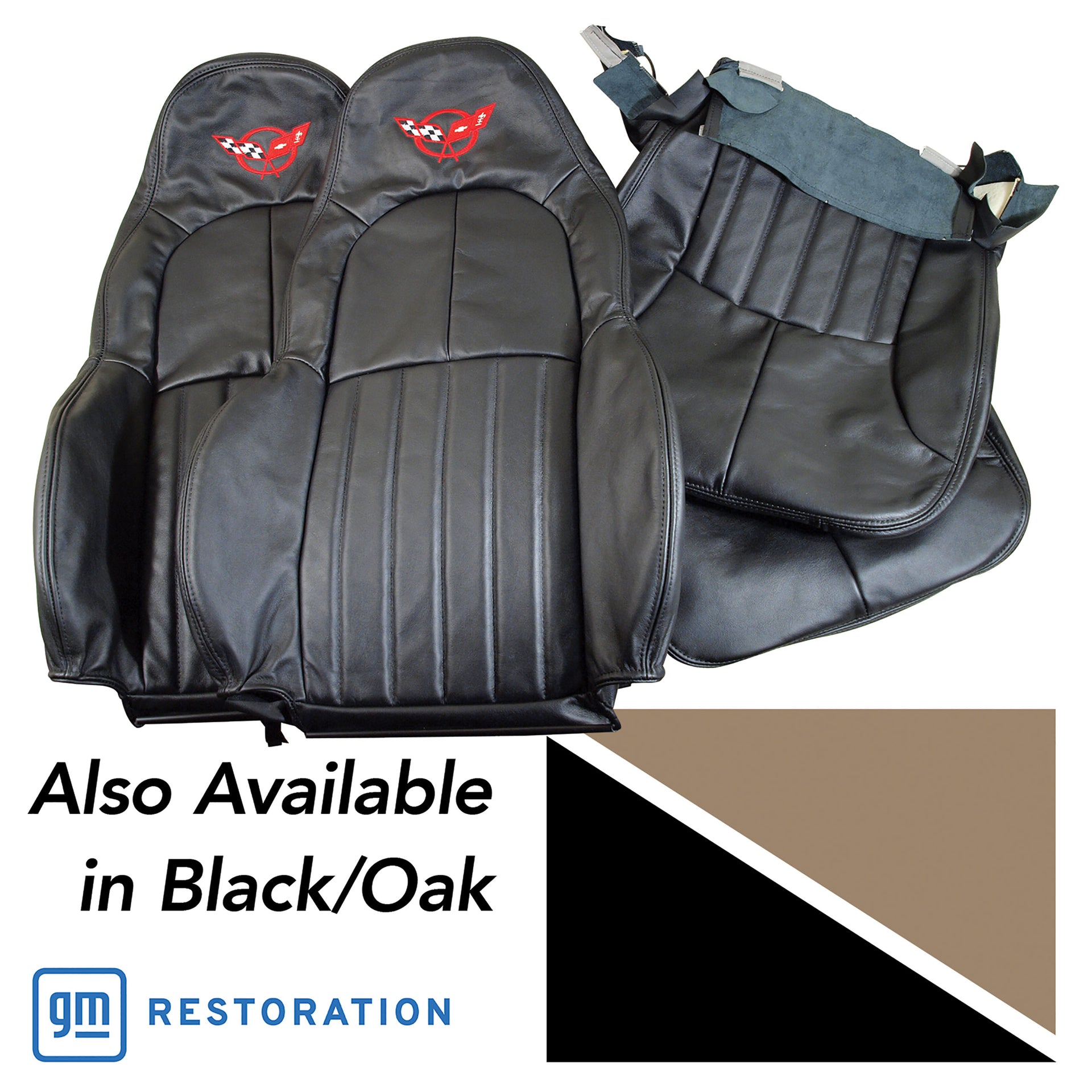 1997-2004 Corvette 100% Leather Standard Seat Covers W/Crossflag Logo - Black & Oak-43862E-Corvette-Store-Online