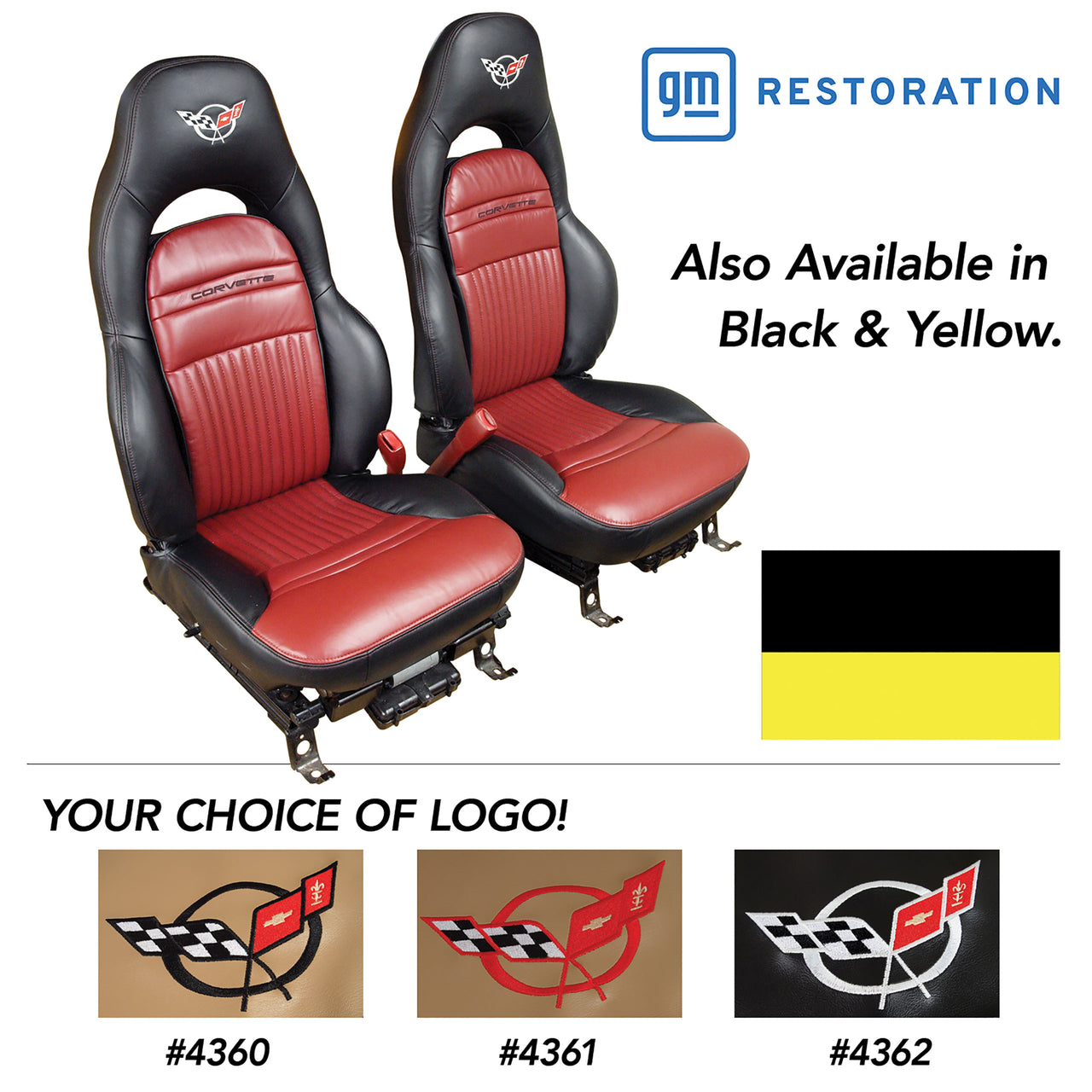 1997-2004 Corvette 100% Leather Standard Seat Covers W/Crossflag Logo - Black & Yellow-43864E-Corvette-Store-Online
