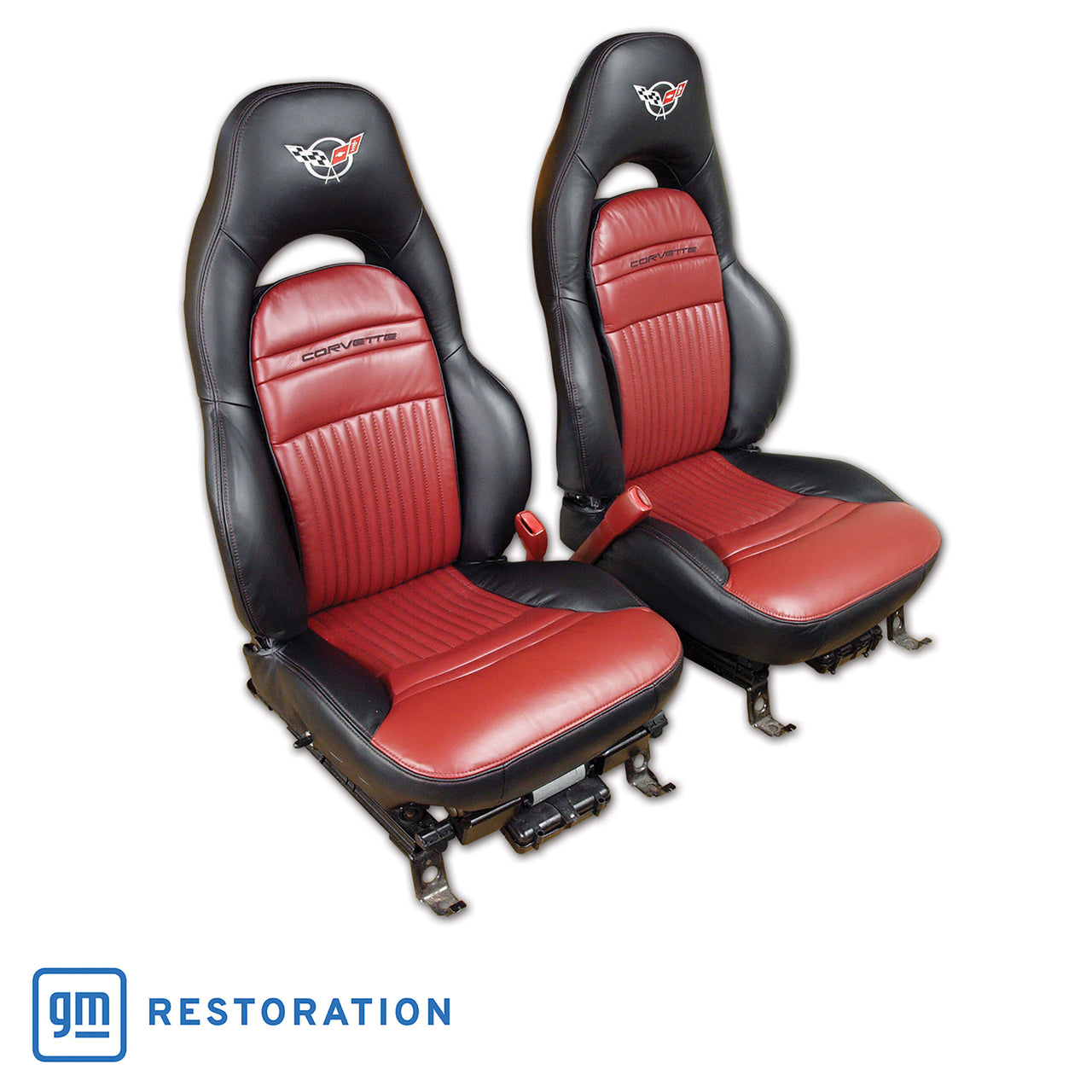 1997-2004 Corvette 100% Leather Sport Seat Covers W/Crossflag Logo - Black & Firethorn-43870E-Corvette-Store-Online