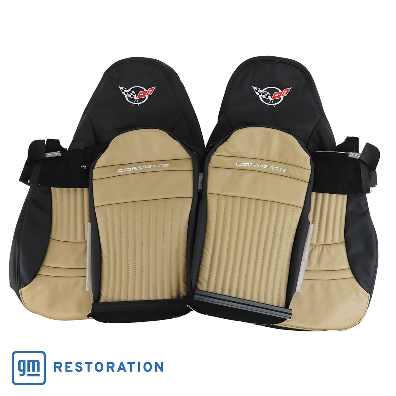 1997-2004 Corvette 100% Leather Sport Seat Covers W/Crossflag Logo - Black & Oak-43872E-Corvette-Store-Online