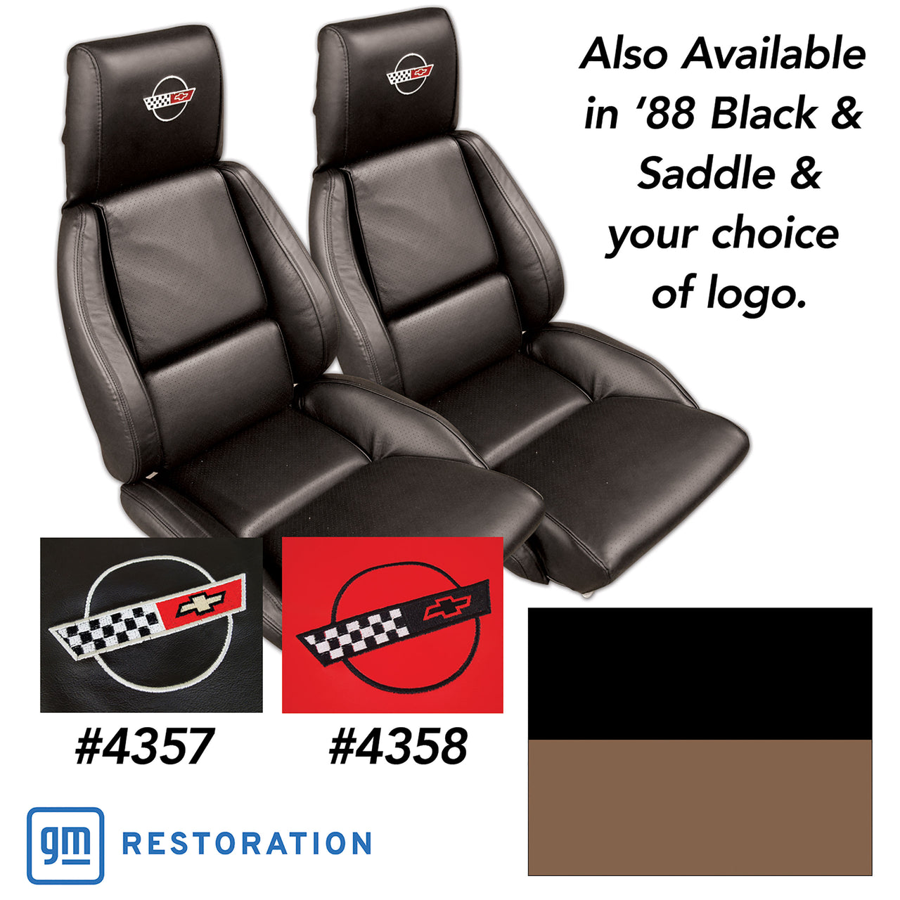 1988-1988 Corvette Embroidered Custom 100% Leather Standard Seat Covers - Black & Saddle-44214E-Corvette-Store-Online