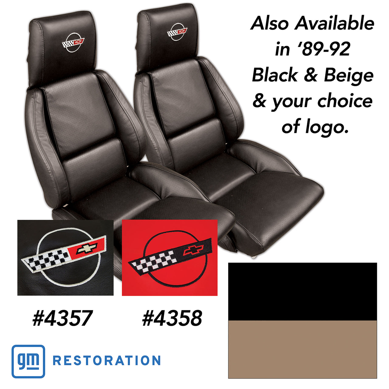 1989-1992 Corvette Embroidered Custom 100% Leather Standard Seat Covers - Black & Beige-44215E-Corvette-Store-Online