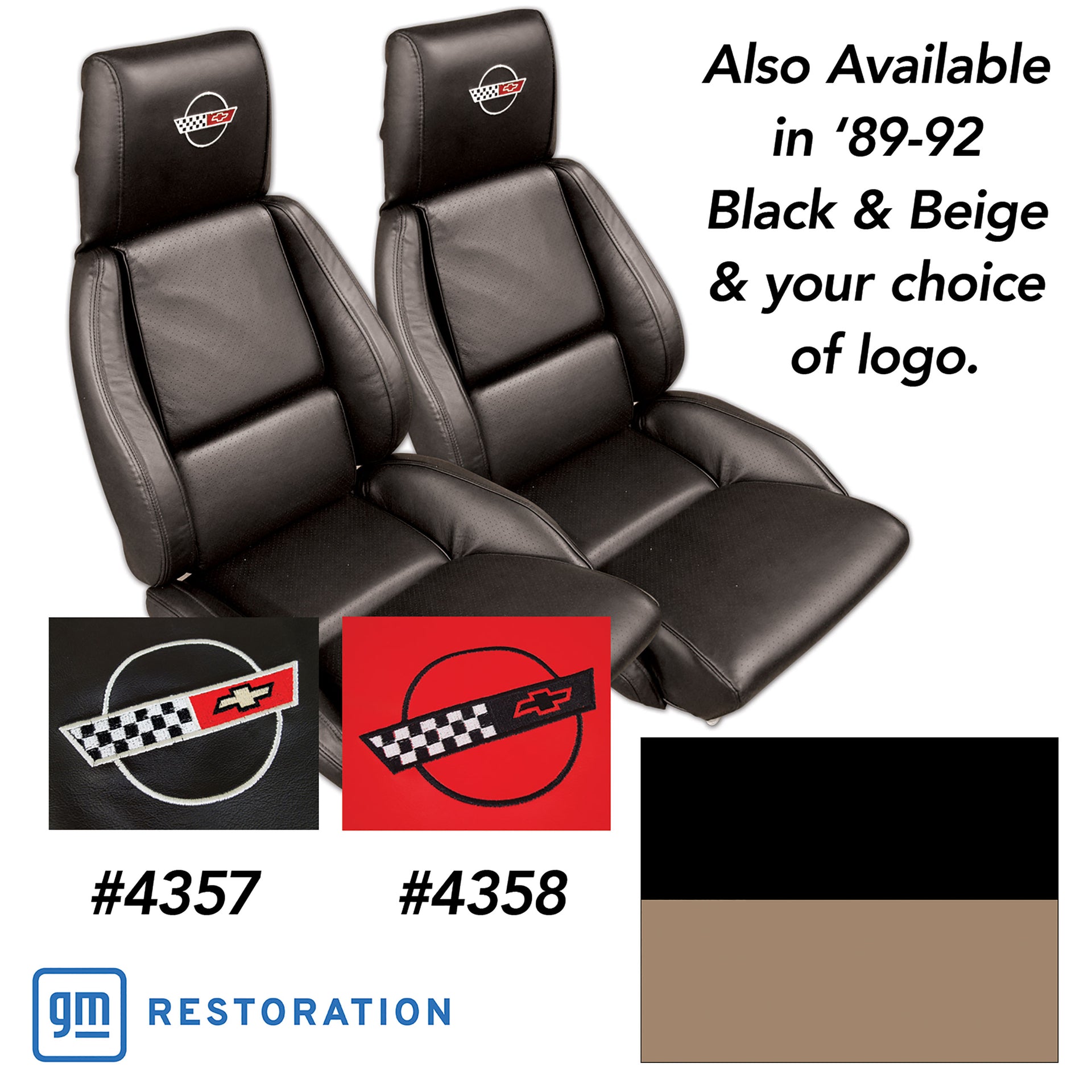 1989-1992 Corvette Embroidered Custom 100% Leather Standard Seat Covers - Black & Beige-44215E-Corvette-Store-Online