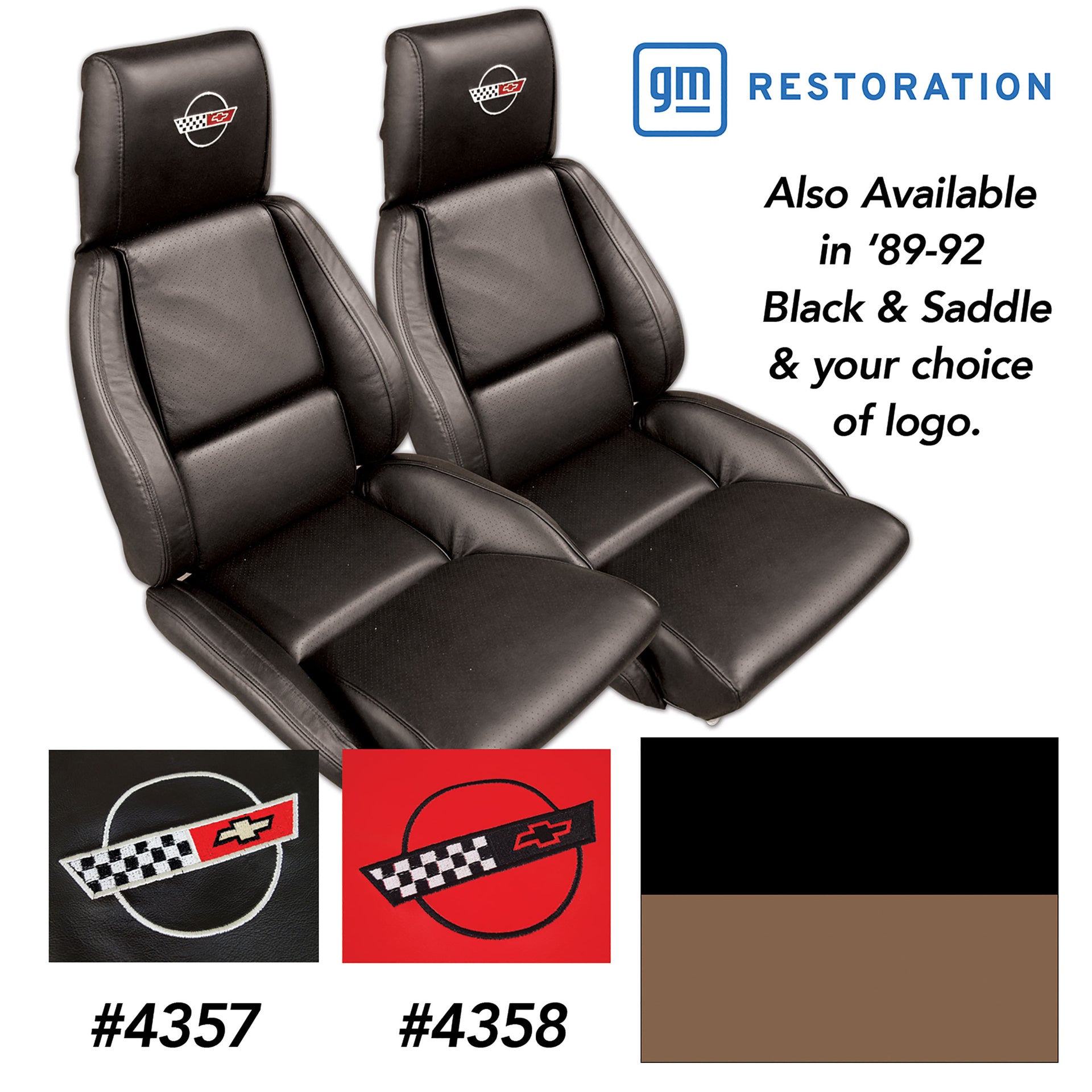 1989-1992 Corvette Embroidered Custom 100% Leather Standard Seat Covers - Black & Saddle-44217E-Corvette-Store-Online