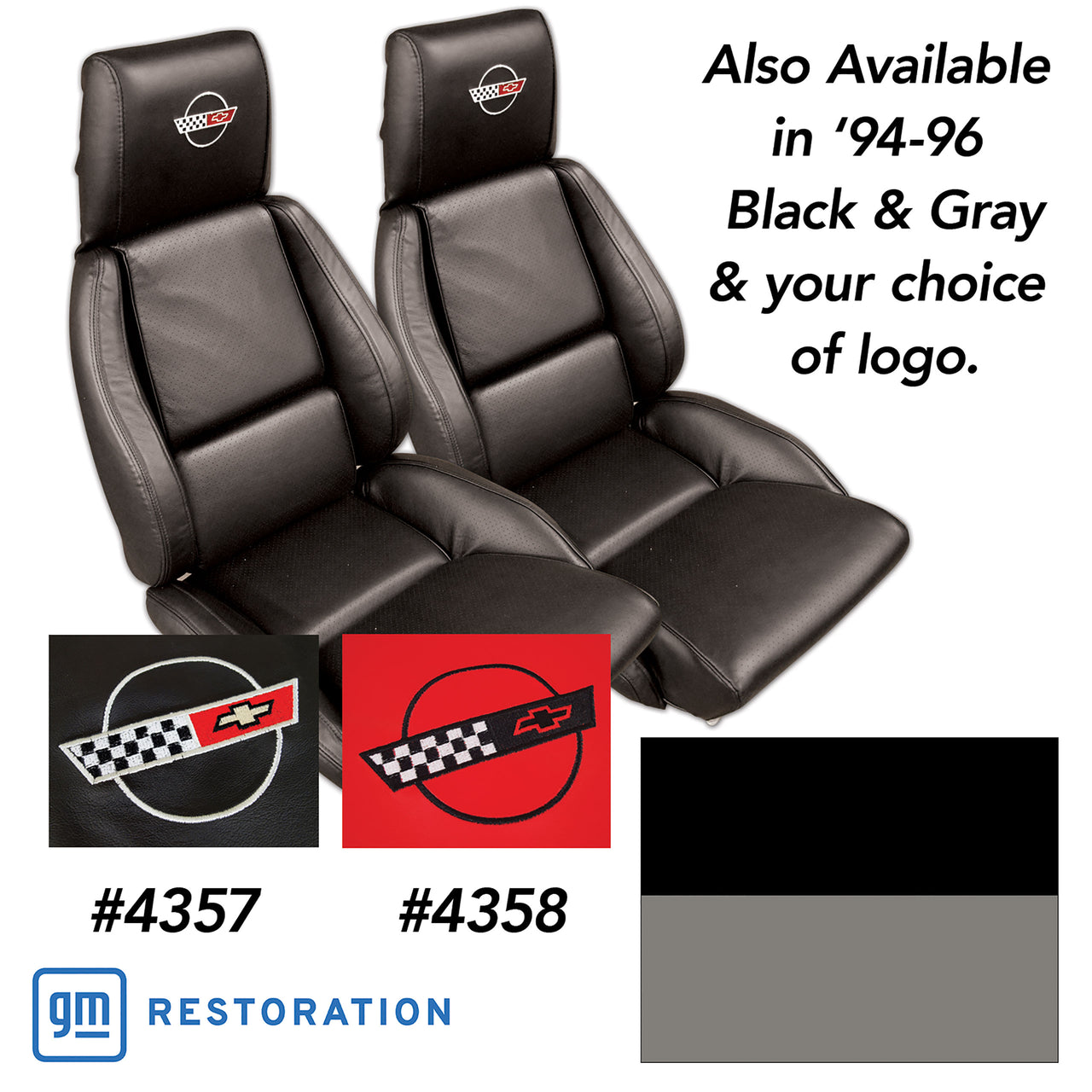 1994-1996 Corvette Embroidered Custom 100% Leather Standard Seat Covers - Black & Gray-44224E-Corvette-Store-Online